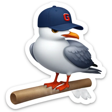 Seagull with wearing navy color baseball cap emblazoned with a red G initial sticker