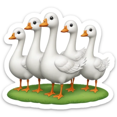 9 white geese standing on a green hill, front view, foggy sticker