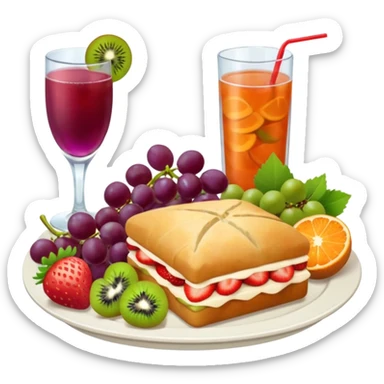 Crie uma bandeja de frutas e salgados coxinha e pão e lasanha sucos drink sticker
