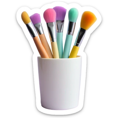 Realistic pastel makeup brushes and sponge in a white cup holder sticker