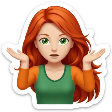 lady with long red hair, green eyes and orange top throwing arms in the as if confused sticker