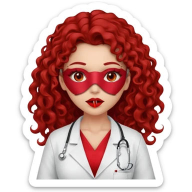 Sensual Spanish Lilith core evil surgeon.red outfit.  Surgeon has red eyes. Her hair is BROWN. Hair is also  long and  curly. wearing a sexy surgeon outfit with platform heels.she is a calculated smart cereal killer. She covers only her mouth and nose to hide identity  sticker