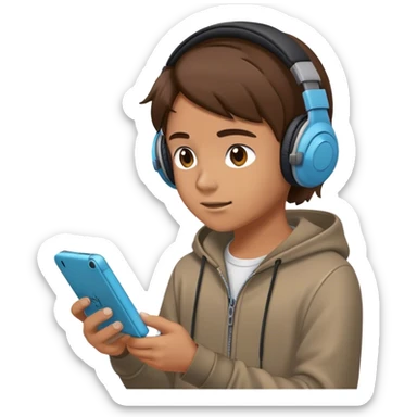 a teenager with think, greasy brown hair and headphones, playing on a 3ds sticker