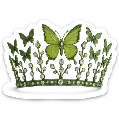 butterfly crown with a jade green base, a single olive or lime green enamel butterfly, sparkling gems sticker