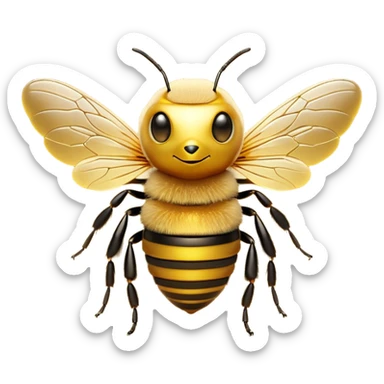 Cinematic Noble Bee Portrait Emoji, Poised and industrious, with a compact, fuzzy body in golden-yellow hues, delicate translucent wings, and a focused, determined expression with sparkling eyes, Simplified yet sharp and sophisticated features, highly detailed, glowing with a soft, sunny radiance, high shine, intelligent and diligent, stylized with an air of natural elegance, focused and alert, soft glowing outline, capturing the essence of a watchful bee that appears ready to buzz out of the screen with effortless authority! sticker