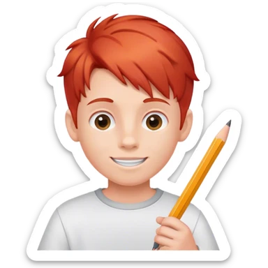 happy Boy with red hair whit pencil and white paper sticker