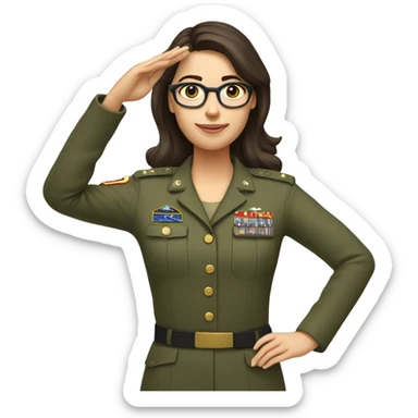 a caucasian brunette female with glasses making the military salute with her hand next to her head sticker