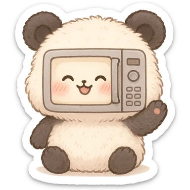 microwave oven merged with a soft fluffy panda in chibi style, blushing, waving happily, soft pastel tones, full-body sticker