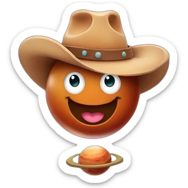planet Mars with a cartoon cowboy hat and happy face sticker