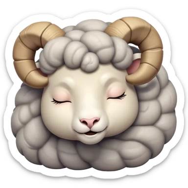 Meme-Worthy Cute Sleeping Ram Portrait Emoji, Head resting peacefully with a contented smile, showcasing a robust build and a luxuriously soft woolly grey fur with gently curled horns, eyes shut in a serene, restful nap, Simplified yet hilariously adorable features, highly detailed, glowing with a soft, drowsy light, high shine, relaxed and utterly lovable, stylized with an air of playful laziness, bright and heartwarming, soft glowing outline, capturing the essence of a comically sleepy ram, so meme-worthy it feels like it could instantly become the next viral sensation of adorable slumber! sticker
