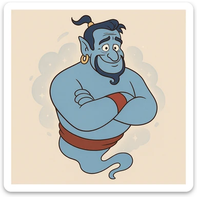 Genie character, blue, inspired by Robin Williams, floating, arms crossed, magical aura, cartoon style sticker