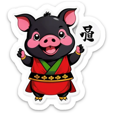 A black piglet wearing korean traditional cloth with "luck” written sticker