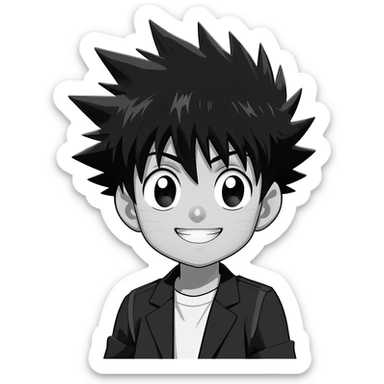 generate a white and black hunter x hunter killua happy smail with a transparent background sticker