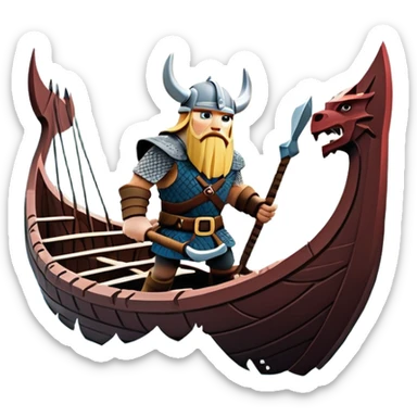 clash-of-clans-aesthetic_-cinematic-viking-longboat, rendered in a flat, bold vector style with minimal shading, featuring a striking dragon-headed prow slicing through icy, churning waters. shields on the side and vikings rowing The longboat’s intricately detailed shields and carved motifs evoke a sense of epic adventure and Nordic might, with billowing sails catching a dramatic, stormy sky backdrop. sticker