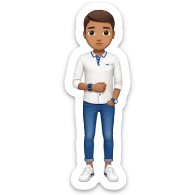 Human wearing white shoes and white shirt and blue jeans and wearing a navy blue SuperDry mark watch on his left hand sticker