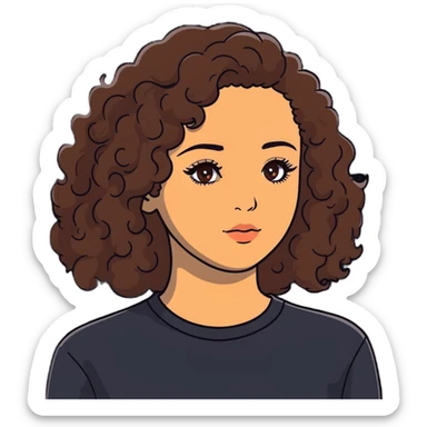 20-year-old woman with long curly brown hair, small hazel eyes, long eyelashes sticker
