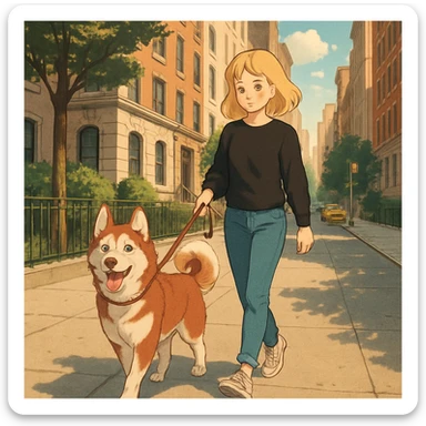 Cute Blonde woman wearing a black sweater and jeans and white sneakers walking a happy red-brown blue-eyed Siberian husky in New York City on an upper east side city sidewalk  sticker
