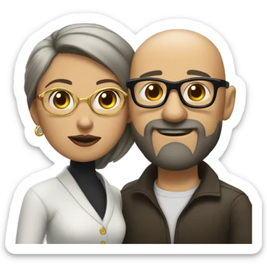 dark-haired man with bald beard and gold glasses bown woman kiss sticker