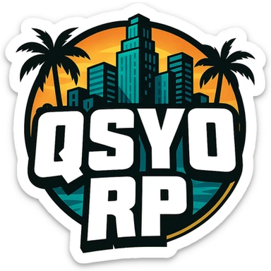 logo for GTA V roleplay server with the text 'QSYO RP', inspired by Grand Theft Auto V style, bold, urban, dynamic, with a cityscape or palm trees, vibrant colors, modern gaming vibe sticker