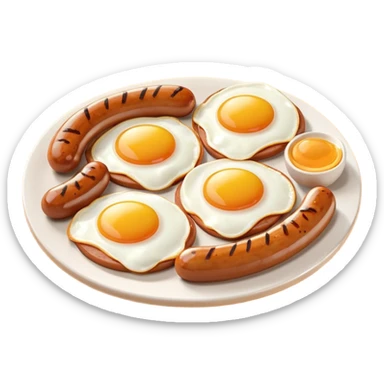 sausage and eggs object icon, fried eggs with sunny yolks, grilled sausages, warm breakfast vibe, delicious food presentation, 3D cartoon style, mobile game icon style, centered, clean background, no text, no watermark
 sticker