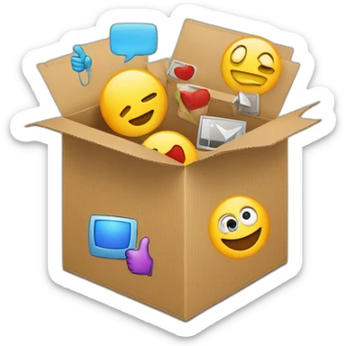 Video icons, camera, logos, likes, thumbs up, marks, views, coverage, applause fly out of a Cardboard box sticker