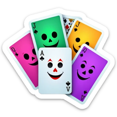 bunch of 3 poker cards, with crazy colorful jolly jokers inside, inversed face sticker