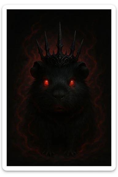 black guinea pig, red glowing eyes, demon crown with spikes, evil aura, dark background sticker