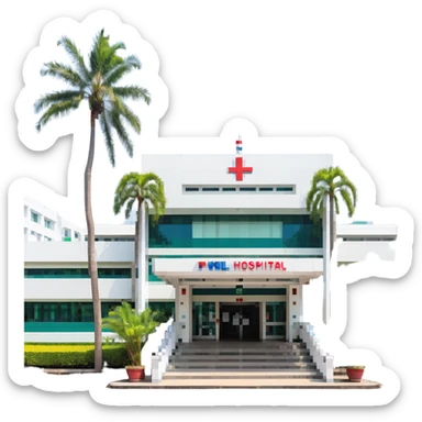 Bangkok hospital with tropical palm trees and Thai style entrance sticker