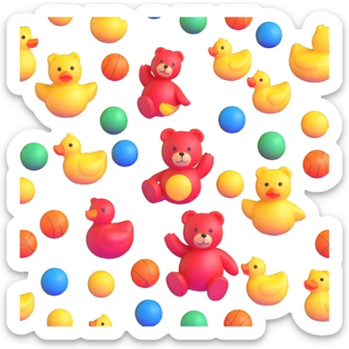colorful scattered toys - teddy bear, rubber duck, blocks, ball, superhero figures sticker