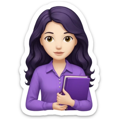 Long Hair Women with Black wavy hair, with purple Book, beige shir, without background sticker
