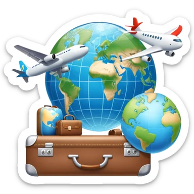 An icon featuring a suitcase, a hotel building, and one globe, symbolizing tourism and hospitality. The design includes a plane and a map, representing travel and accommodation services. Transparent background highlights the global nature of tourism and the hospitality industry. sticker