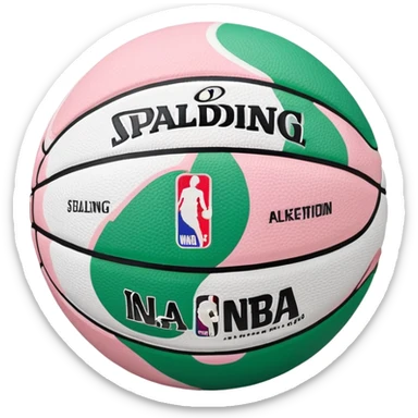 White Spalding basketball with NBA logo, white color with subtle pastel pink and green swirls pattern sticker