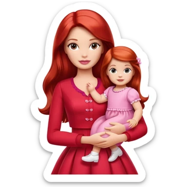 A barbie girl with makeup with brown hair long with a baby, a daughter, a girl with red hair, holding her hand in red clothes sticker
