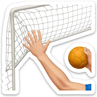 A close-up of a hand gripping a handball, with the handball gates visible in the background. The focus is on the texture of the ball and the strength of the grip, with the goal net slightly blurred to emphasize the anticipation of the throw. sticker