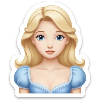 Cinematic Serene Cinderella Portrait Emoji, rendered in a realistic, vector-style with minimal shading. Depict a gentle Cinderella (chest and above) with porcelain skin, smooth blonde hair falling in soft waves, and calm, inviting eyes. Dressed in her modest daytime dress, she exudes quiet grace and pure enchantment, highlighted by a soft glowing outline. sticker