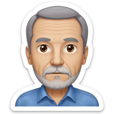 Older slim Hispanic man in his 60s with light skin. Thinner face with pronounced features. Expressive brown eyes, thick eyebrows showing age. Short brown hair with significant receding hairline. Scraggly brown beard with gray patches. Wearing a blue button-up shirt on his lean frame. sticker