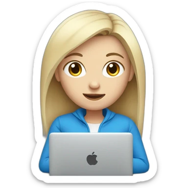 Girl with white skin in blue clothes behind laptop  sticker