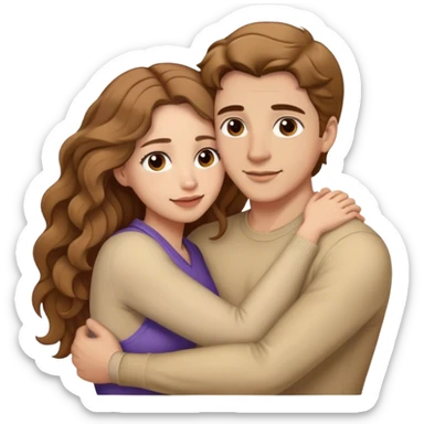 Hugging each other a couple. A man is short light brown hair,Brown eyes. A woman is long wavy brown hair,brown eyes. sticker