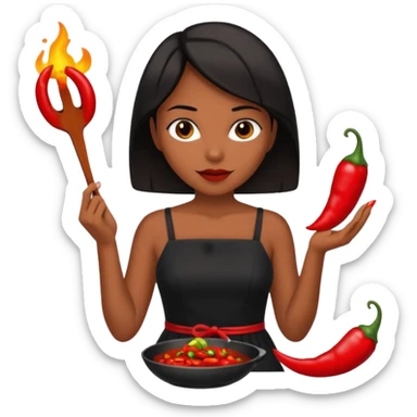 black short shoulder length hair tanned woman, black dress cooking, holding chili pepper sticker