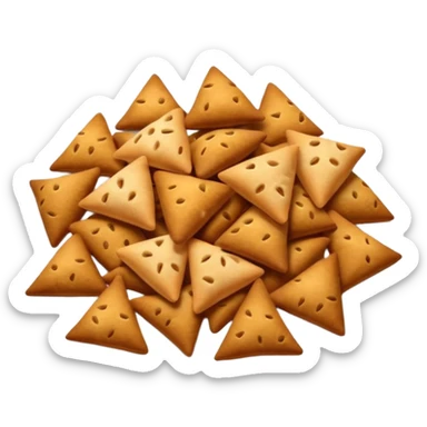 small handful of dry pet food pieces in varied shapes round triangular pillow-like warm brown tones slightly rough matte texture irregularly scattered crunchy bite-sized format no bowl packaging or extras just croquettes soft lighting subtle shadows emoji scale sticker