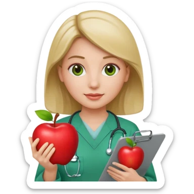 female neurosurgeon in scrubs holding clipboard, apple emoji style sticker