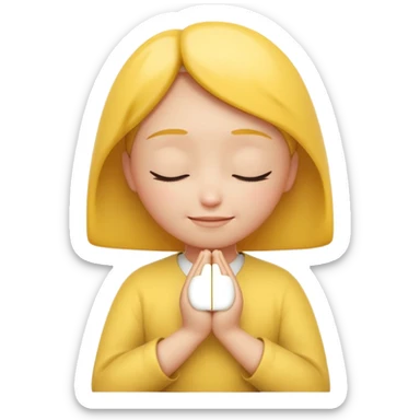 A 3D Apple-style yellow round emoji, calm and patient expression, closed eyes with a gentle smile, hands together in front as if waiting or praying, soft relaxed eyebrows, subtle glow around the head to symbolize patience, clean minimal background sticker