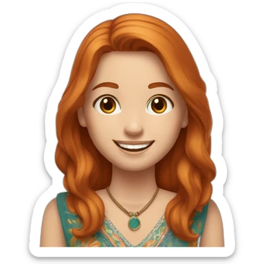 redhead white woman medium long straight hair, greets smiling, wearing boho dress sticker