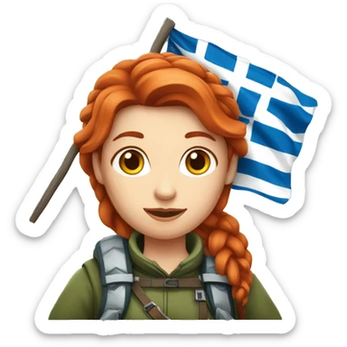 red hair female winter mountaineer offering Easter eggs and Greek flag sticker