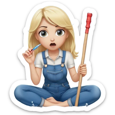 blond woman sitting on her knees with wide eyes, a human in jeans stands next to her, she's holding a wide skin-colored stick with a D-shaped knob, the stick and the nob have skin texture, water squirting from the knob into her mouth, shocked face sticker