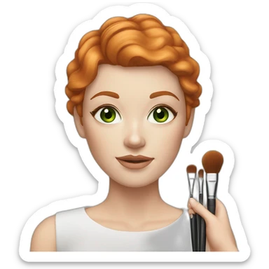 Ginger short hair, White woman with makeup brushes in hand, green eyes sticker