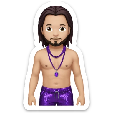 Jonathan Davis with purple sequin baggy pants, shirtless with necklace, long dark brown hair, light skin sticker