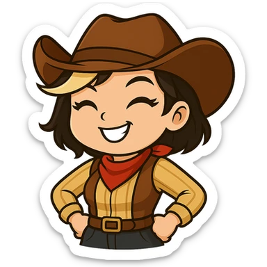 Chibi cowgirl with short hair and a blonde streak, wearing a cowboy hat and western outfit, no guns, chibi/anime style, transparent background, sized for Twitch or Discord use. Pose: hands on hips, big confident smile. sticker