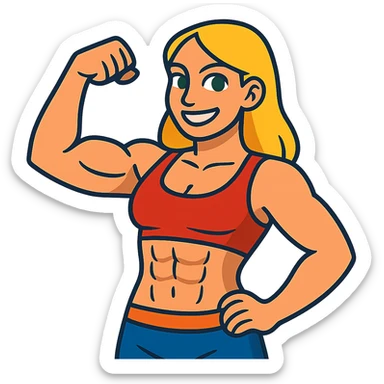 muscular white girl with blonde hair and green eyes, flexing 6 pack abs and one arm bicep sticker