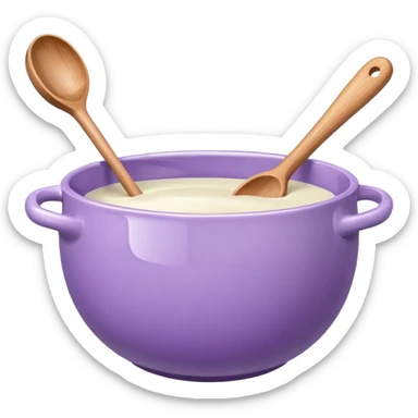 a lilac ceramic mixing bowl with a wooden spoon stirring sticker